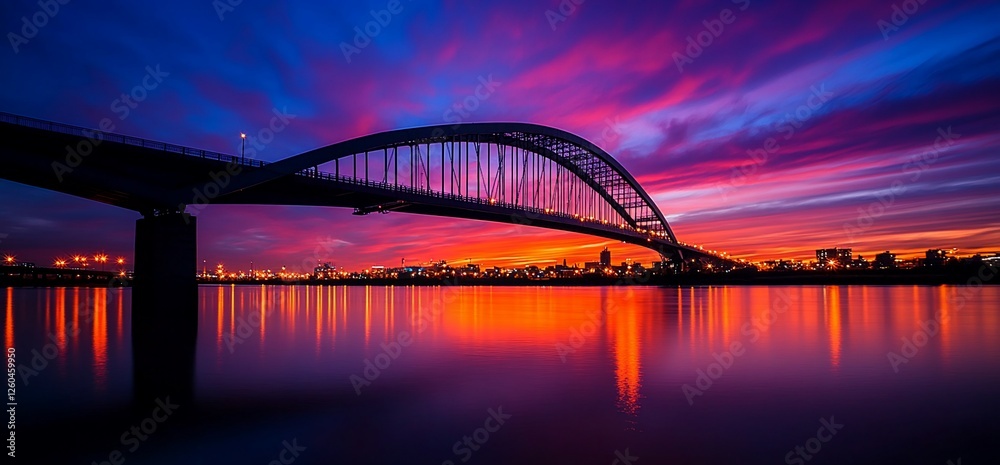 Naklejka premium Arch Bridge Silhouette Against a Vibrant Colorful Sunset Sky Reflection