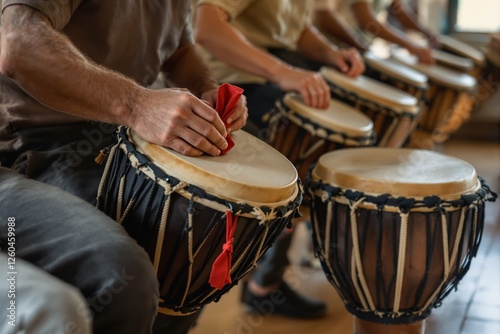 Close-up of hands playing djembes in a drumming session, wooden drums with rope tuning, warm indoor background, concept of music and cultural expression. Ai generative