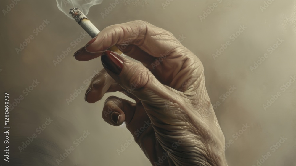 A close-up of an elderly hand holding a lit cigarette, showcasing intricate wrinkles and painted nails. The realistic depiction emphasizes texture and mood. AI generated.