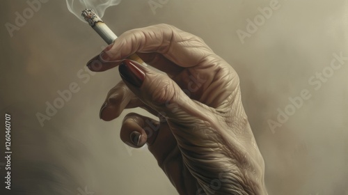 Obraz na płótnie A close-up of an elderly hand holding a lit cigarette, showcasing intricate wrinkles and painted nails. The realistic depiction emphasizes texture and mood. AI generated. w salonie