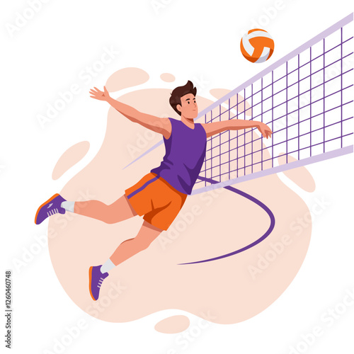 Man Spiking Volleyball Over Net During Game with Dynamic Energy