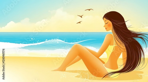 Serene Beach Scene: Woman Relaxing by the Ocean with Birds Flying Above