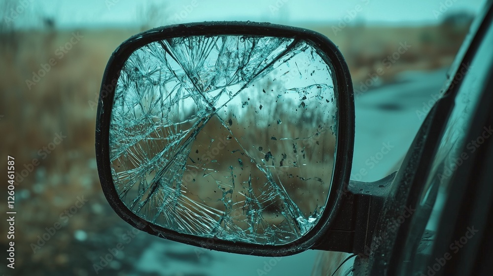 Broken side mirror on a car, symbolizing auto insurance claims for damage. Broken side mirror on a car, symbolizing auto insurance claims for damage.