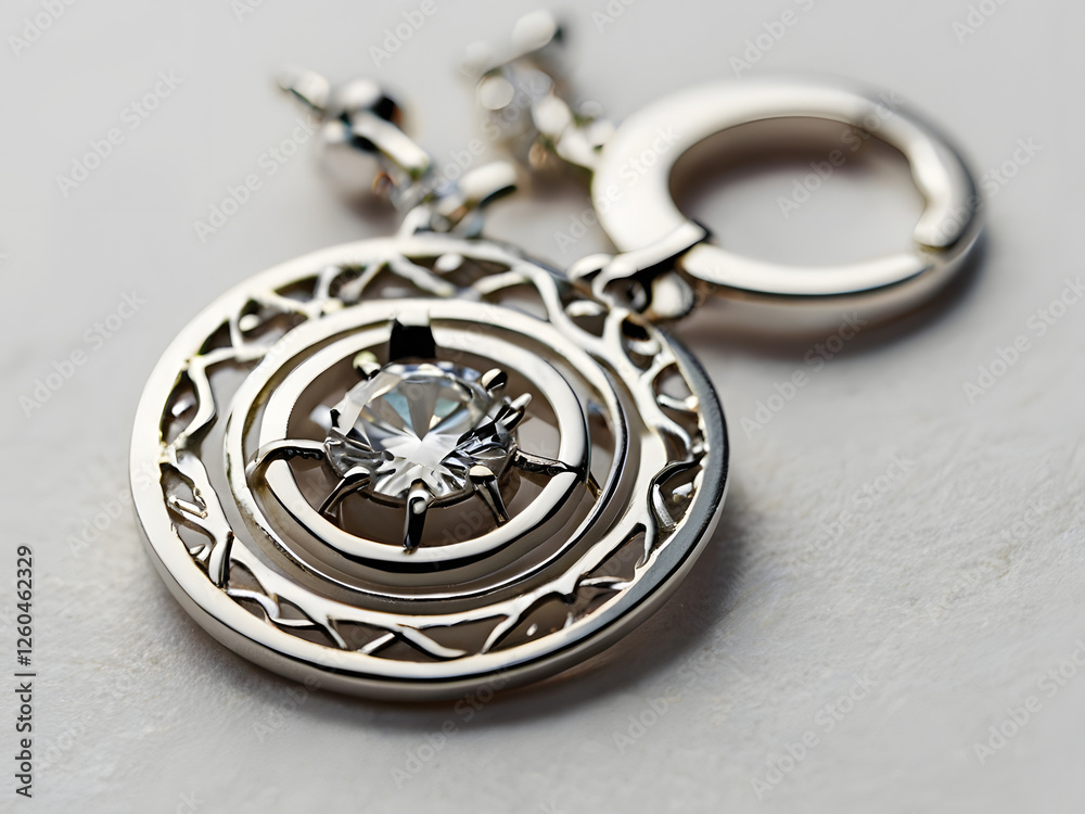 Elegant Silver Keyring with Cubic Zirconia: Close-up shot of a sophisticated silver keyring featuring an intricately designed circular pendant encasing a sparkling cubic zirconia. Elegant Silver Keyring with Cubic Zirconia: Close-up shot of a sophisticated silver keyring featuring an intricately designed circular pendant encasing a sparkling cubic zirconia.
