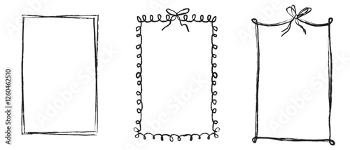 Ribbon frame with tied bow in black brush stroke texture isolated on white background. Hand drawn vector sketch illustration in vintage charcoal ink. Greeting card design, invitation element