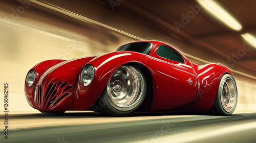 A vibrant red cartoon car creates a cheerful and fun atmosphere in this digital illustration. AI generative photo