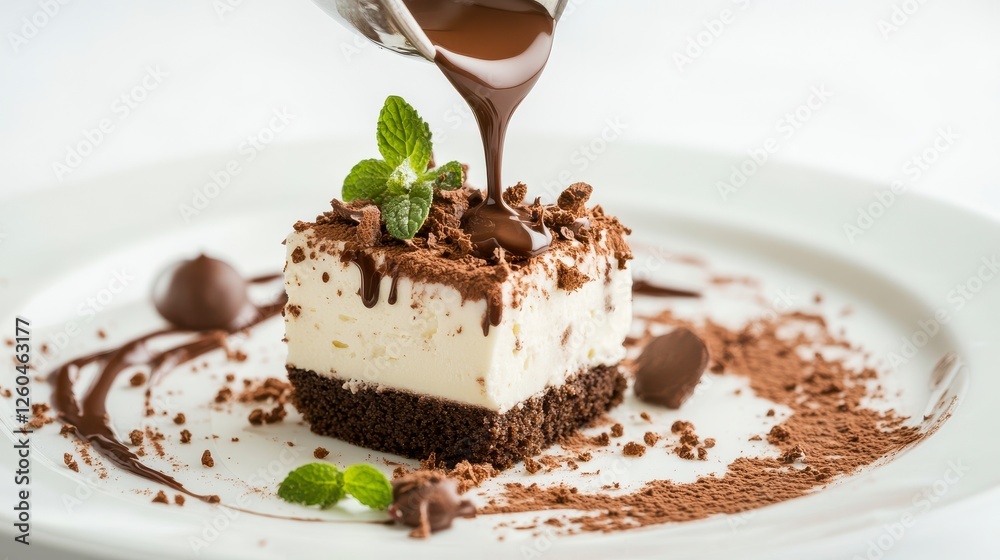 Pouring milk chocolate over a dessert with a white background Pouring milk chocolate over a dessert with a white background