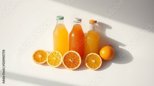 Top view of glass bottles of fresh juice with citrus fruits slices on white surface