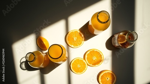 Top view of glass bottles of fresh juice with citrus fruits slices on white surface