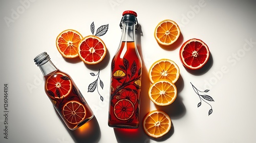 Top view of glass bottles of fresh juice with citrus fruits slices on white surface