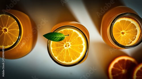 Top view of glass bottles of fresh juice with citrus fruits slices on white surface