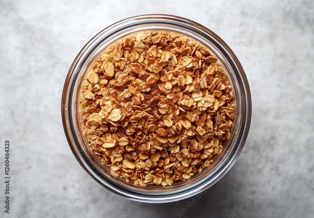 Close-Up View of Crunchy Golden Oats in a Glass Jar on a Light Gray Surface Perfect for Healthy Eating and Breakfast Inspiration Close-Up View of Crunchy Golden Oats in a Glass Jar on a Light Gray Surface Perfect for Healthy Eating and Breakfast Inspiration