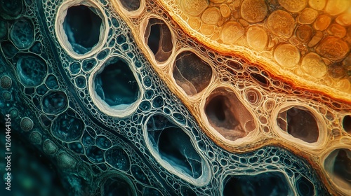 Microscopic view of pine stem cross-section showing cell structure and vascular tissues. photo