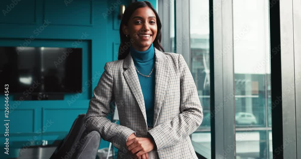 Happy woman, face or window with business confidence for corporate ambition, vision or development at office. Portrait, female person or employee with smile for company growth or insight at workplace Happy woman, face or window with business confidence for corporate ambition, vision or development at office. Portrait, female person or employee with smile for company growth or insight at workplace