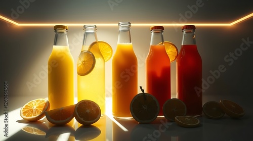 Top view of glass bottles of fresh juice with citrus fruits slices on white surface