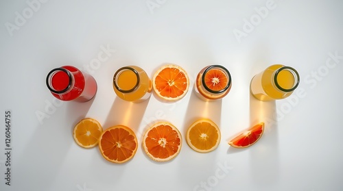 Top view of glass bottles of fresh juice with citrus fruits slices on white surface