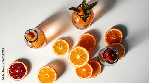 Top view of glass bottles of fresh juice with citrus fruits slices on white surface