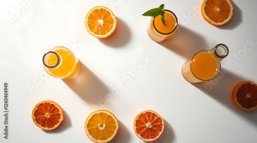 Top view of glass bottles of fresh juice with citrus fruits slices on white surface