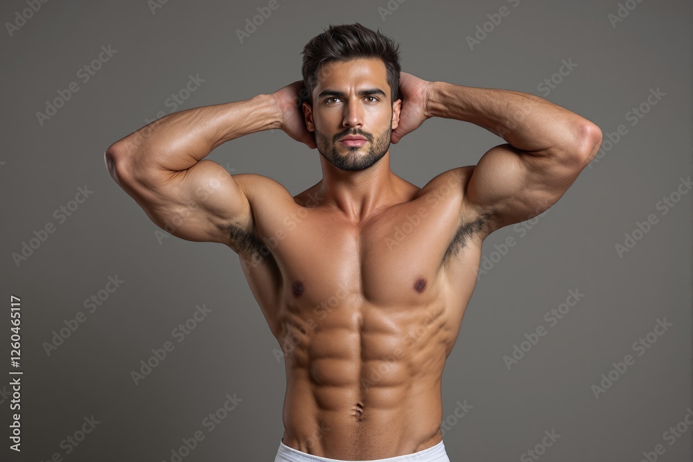 Fit muscular man posing shirtless with hands behind head, showing toned abs and arms on neutral background. Concept of fitness, health, and strength. Ai generative Fit muscular man posing shirtless with hands behind head, showing toned abs and arms on neutral background. Concept of fitness, health, and strength. Ai generative
