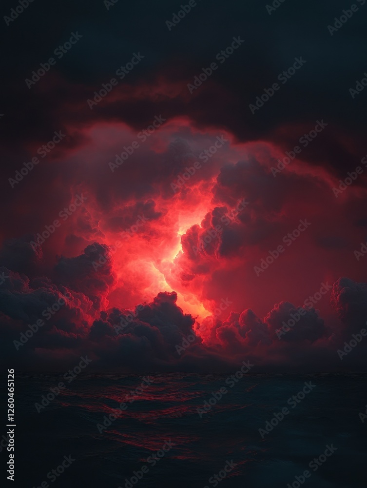 Fototapeta premium Red Light in the Dark and Dramatic Storm Clouds