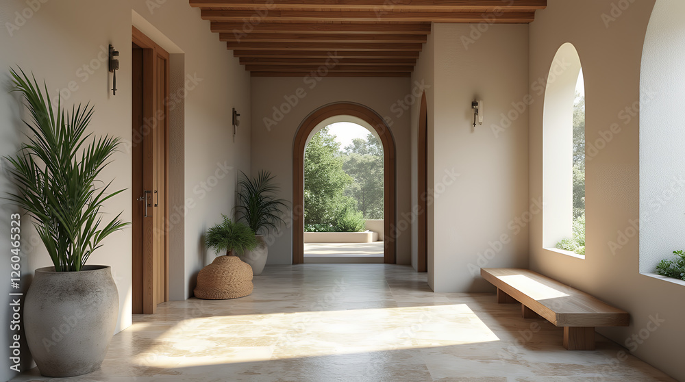 Obraz premium Coastal interior design of modern entrance hall with stone tiles wall and wooden rustic elements
