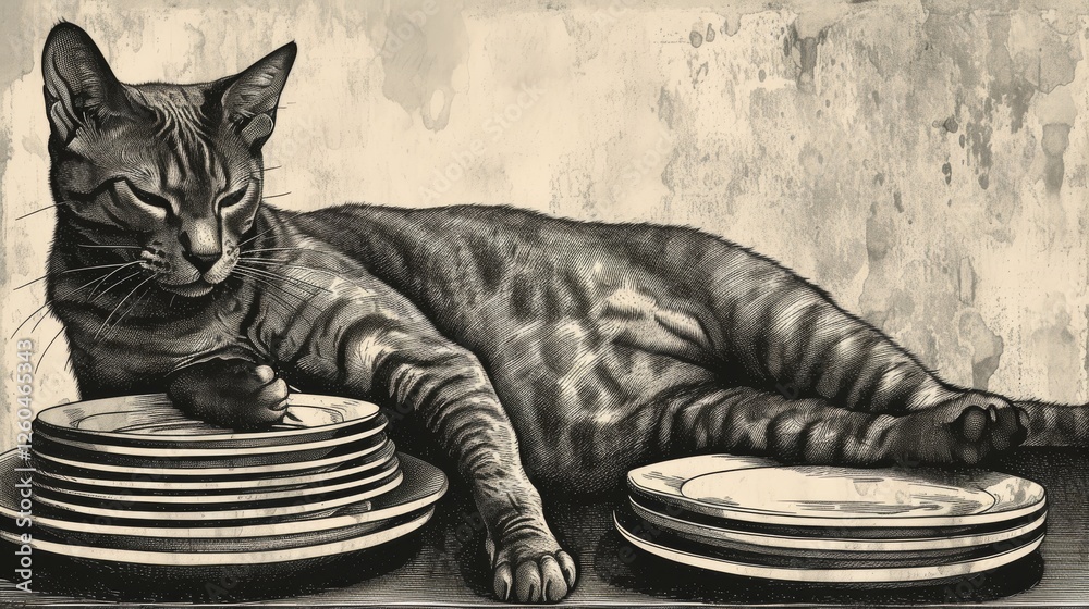 A relaxed cat reclines next to stacked plates, captured in a detailed vintage-style artwork with an aged textured background. AI generated.