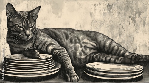 Obraz na płótnie A relaxed cat reclines next to stacked plates, captured in a detailed vintage-style artwork with an aged textured background. AI generated. w salonie