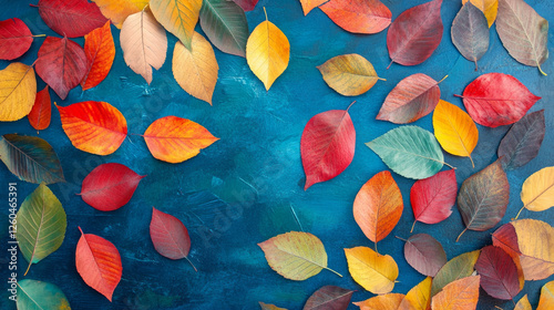 This vibrant image features colorful seasonal leaves on a soothing blue background showcasing a perfect blend of autumn colors and fresh foliage. AI generative photo