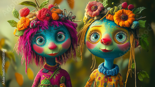 A captivating illustration of two vibrant whimsical characters with a unique playful design. AI generative photo