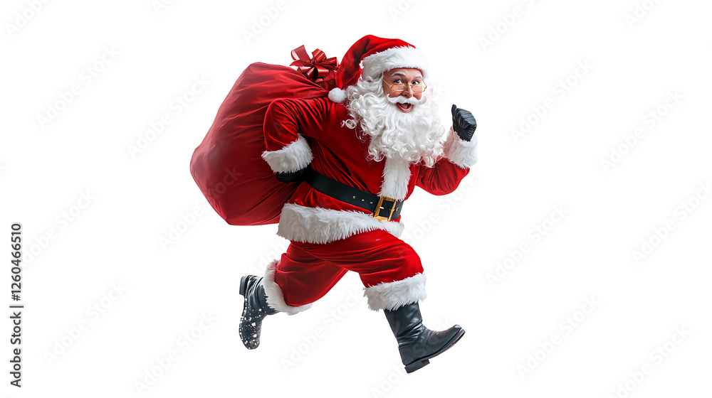 A running Santa Claus carrying a red gift bag, side view A running Santa Claus carrying a red gift bag, side view