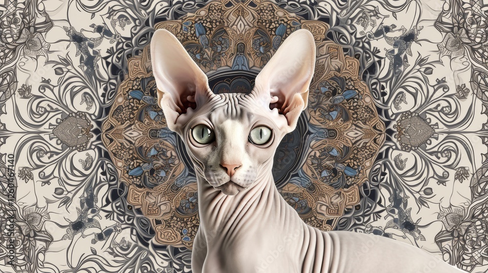 A realistic rendering of a Sphynx cat with expressive eyes, paired with a highly intricate mandala-inspired background featuring soft tones and detailed patterns. AI generated.
