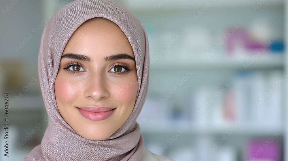 Woman in hijab smiling in pharmacy Woman in hijab smiling in pharmacy