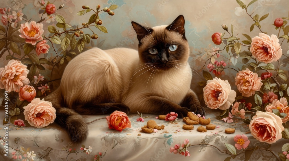 A serene Siamese cat surrounded by blooming roses, lying gracefully on a floral-draped table. Perfect for romantic and nature-inspired designs. AI generated.