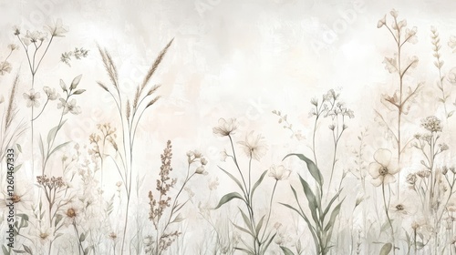 Light and airy plant wallpaper with meadow grasses on parchment