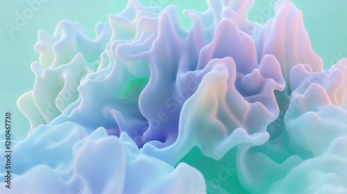 3D abstract fluid, organic shapes in pastel blue, purple and green colors. Futuristic, dreamlike coral background. photo