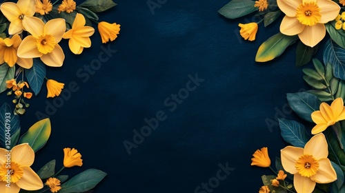Bold daffodil border enhances dark navy background for a modern floral display