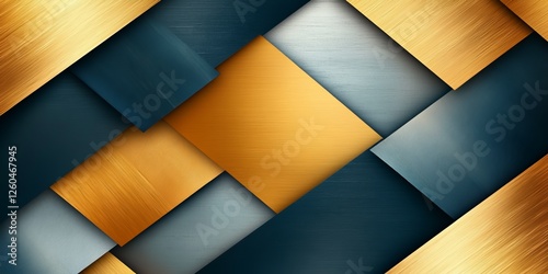 Bold geometric illustration with gold and chrome textures on a deep black background