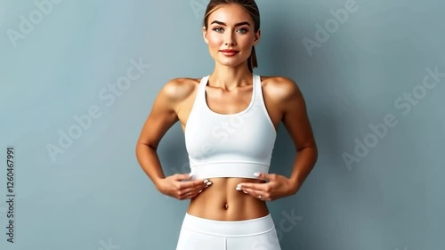 Confident and Fit: A young woman with a toned physique showcases her fitness achievements, exuding confidence and healthy living in a stylish sports bra and leggings against a muted blue backdrop.  
