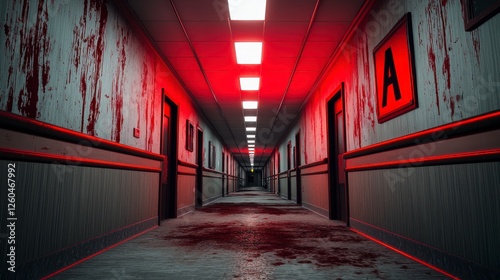 Creepy dimly lit hotel corridor with blood splatter and ominous red lighting in unsettling horror atmosphere photo