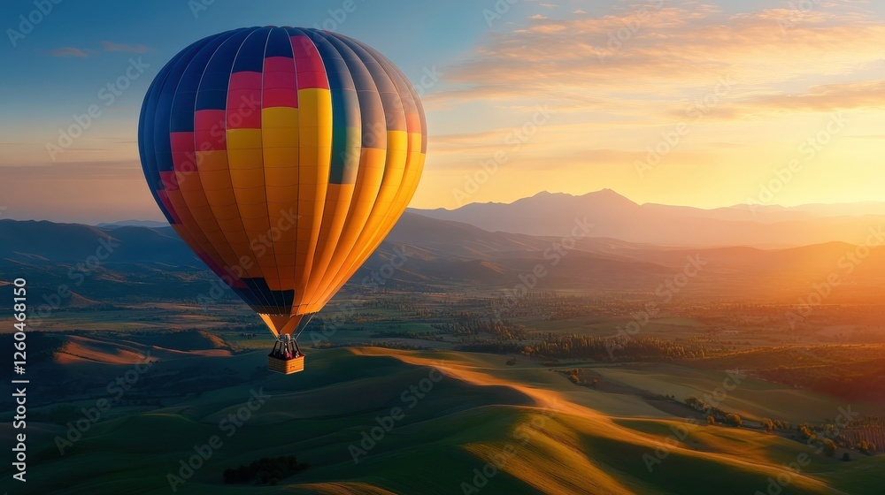 Obraz premium A vibrant hot air balloon floats gracefully above lush valleys at sunset, offering breathtaking views of the landscape below, perfect for adventure seekers and photography enthusia
