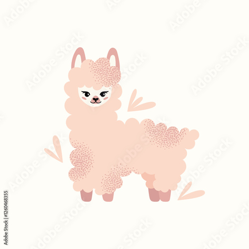 Cute fluffy llamas and alpacas with flowers isolated on a white background. Mother lama and her baby. Animal and nature-themed concept design. Vector illustration