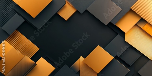 Bold gold and chrome geometric shapes create a striking contrast against a deep black background
