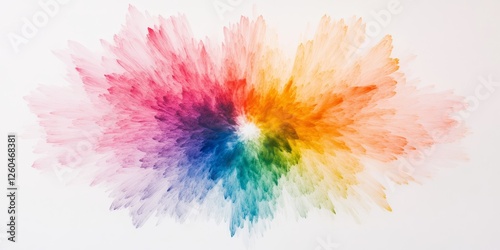 Minimalist rainbow color burst illustration featuring vibrant, symmetrical lines spreading from a central point on a white canvas