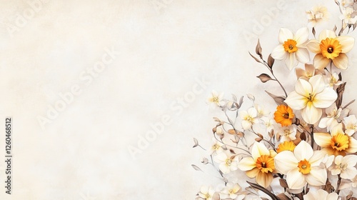 Vintage-inspired daffodil border featuring hand-drawn flowers and elegant sepia tones with copy-space