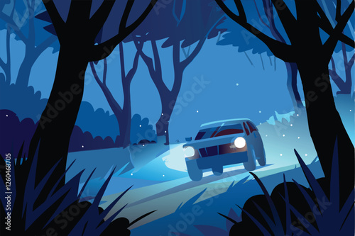 A high-speed rally car races through a dark, dense forest at night, its headlights cutting through the trees. Dramatic lighting, intense speed, and realistic textures are essential.