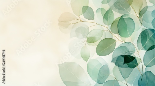 Soft green botanical background with layered transparent leaves against a beige canvas illuminated by gentle light for aesthetic appeal