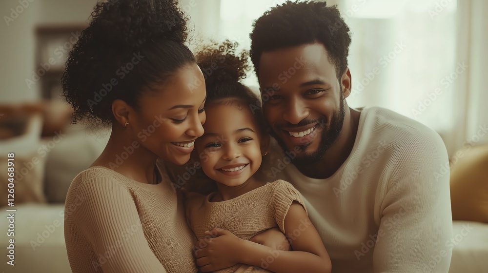 Obraz premium Joyful little girl hugging her parents in a warm, loving embrace. A bright, cozy living room with soft lighting creates an intimate, heartfelt family moment.