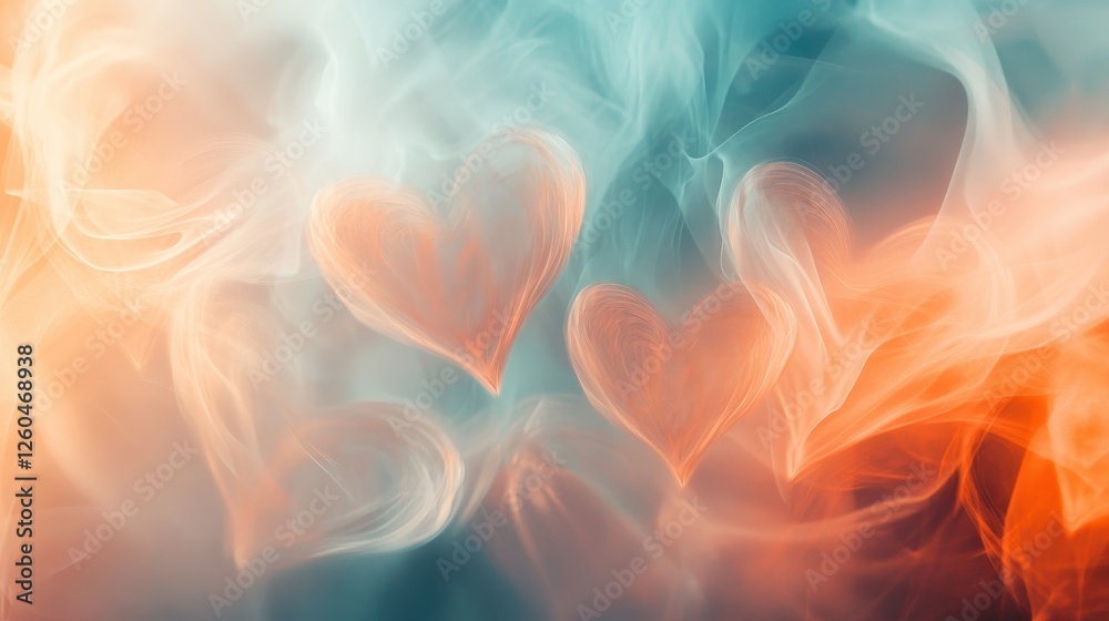 Fototapeta premium Abstract Pastel Hearts in Teal and Orange Smoke