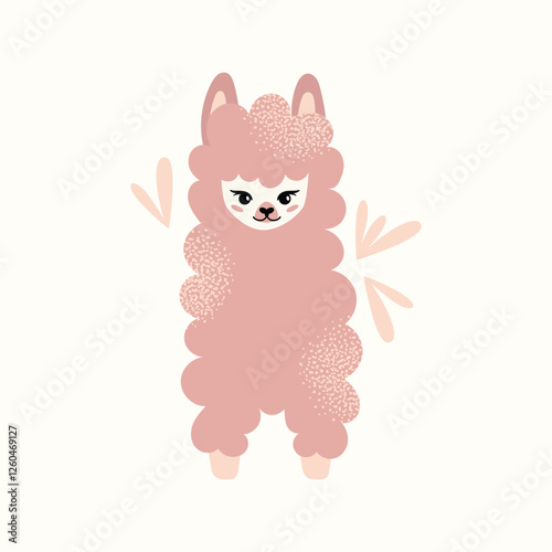 Cute fluffy llamas and alpacas with flowers isolated on a white background. Mother lama and her baby. Animal and nature-themed concept design. Vector illustration