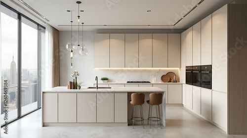 Minimalist kitchen with light beige handleless cabinets, marble countertop, built-in appliances, an island with a bar area, and open windows overlooking the city. photo